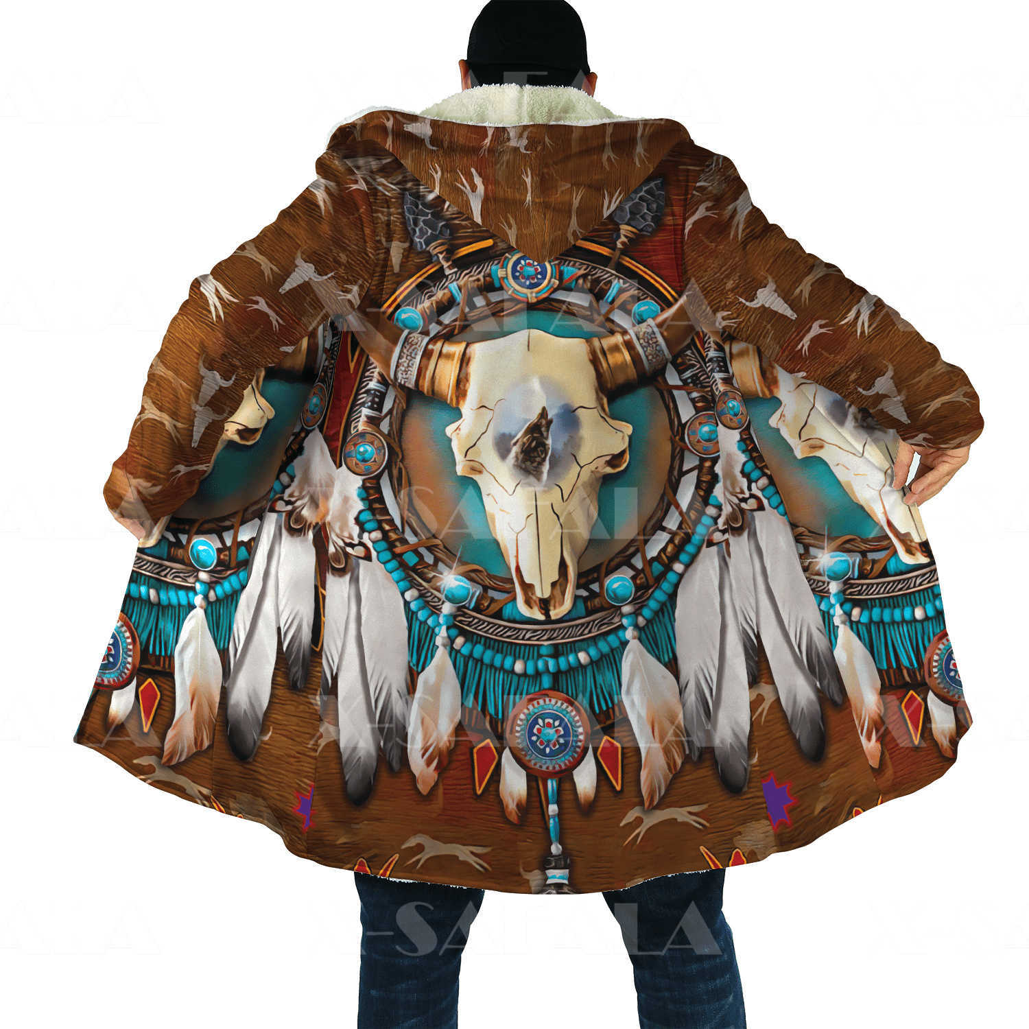 Men's Wool Blends Thick Warm Hooded Cloak for Men Skull Native Feather Totem Overcoat Coat 3D Print Windproof Fleece Cape Robe Hooded Blanket-23 HKD230718