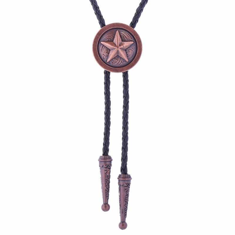 Bolo Ties N58F Bolo Tie Handmade Pentagrams Shape Western Cowboy Bola Tie Necktie Leathers Necklace Long Tie Pendant HKD230719