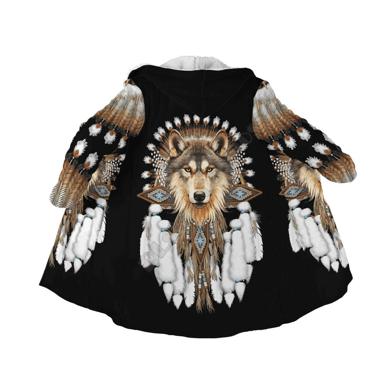 Heren Wol Blends Native Style Mantel Native Wolf 3D All Over Printed Capuchon Mantel Heren Dames Winter Fleece Windbreker Warme Mantel 01 HKD230718