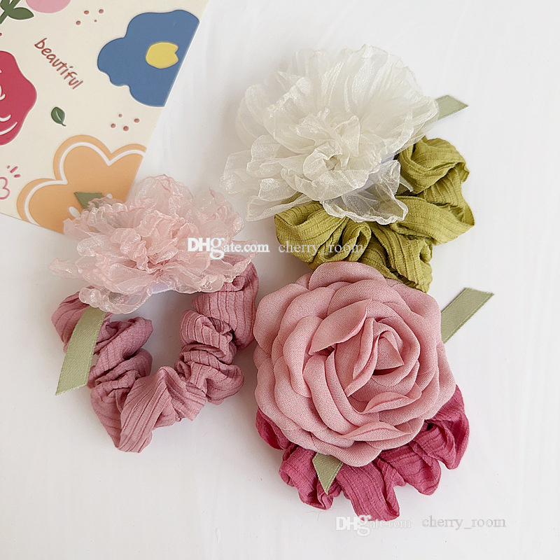 süße Mädchen Blumenprinzessin Haarbänder Französischer Bauernhofstil Kinder 3D Blumen elastischer Dickdarm Haarring Kinder Haargummi Kopfbedeckung B435