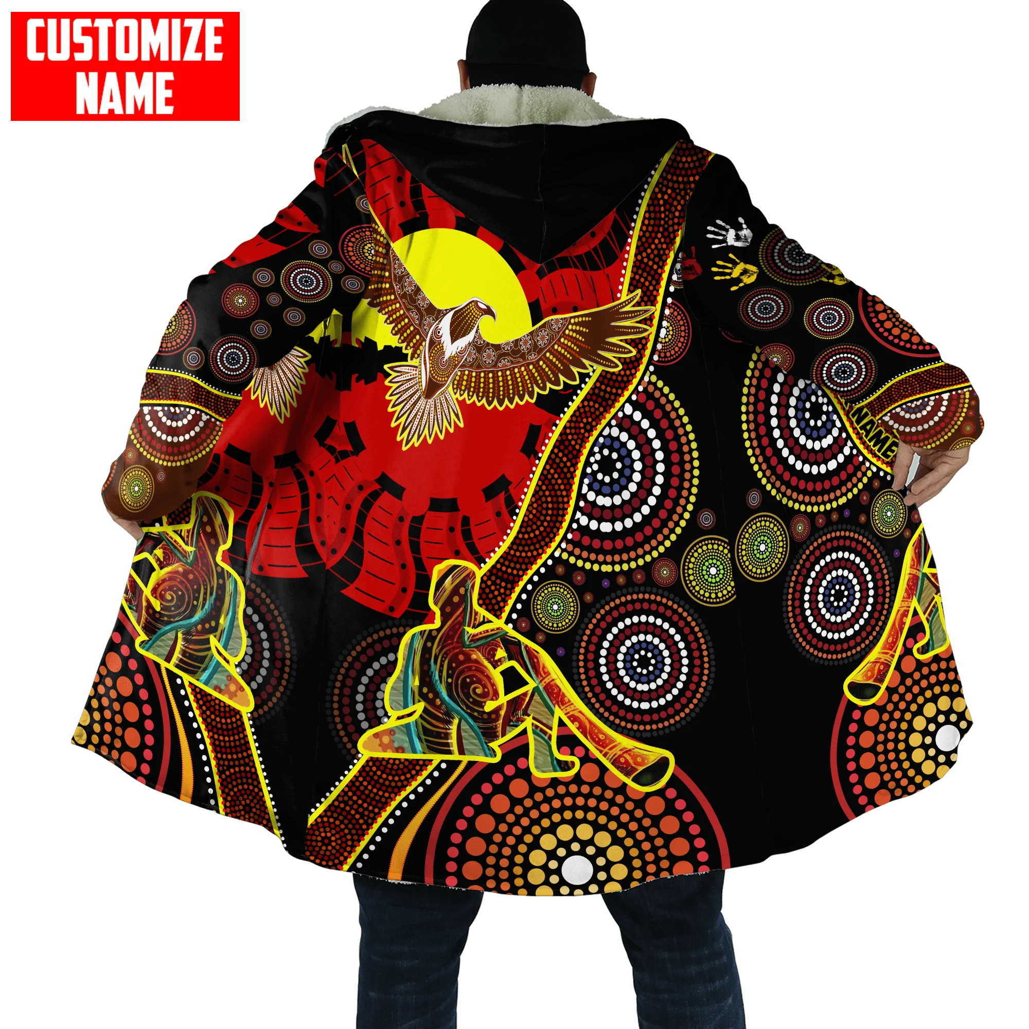 Mélanges de laine pour hommes didgeridoo autochtone drapeau aigle personnaliser nom cape à capuche imprimée 3D unisexe hiver polaire coupe-vent cape chaude PZY03 HKD230719