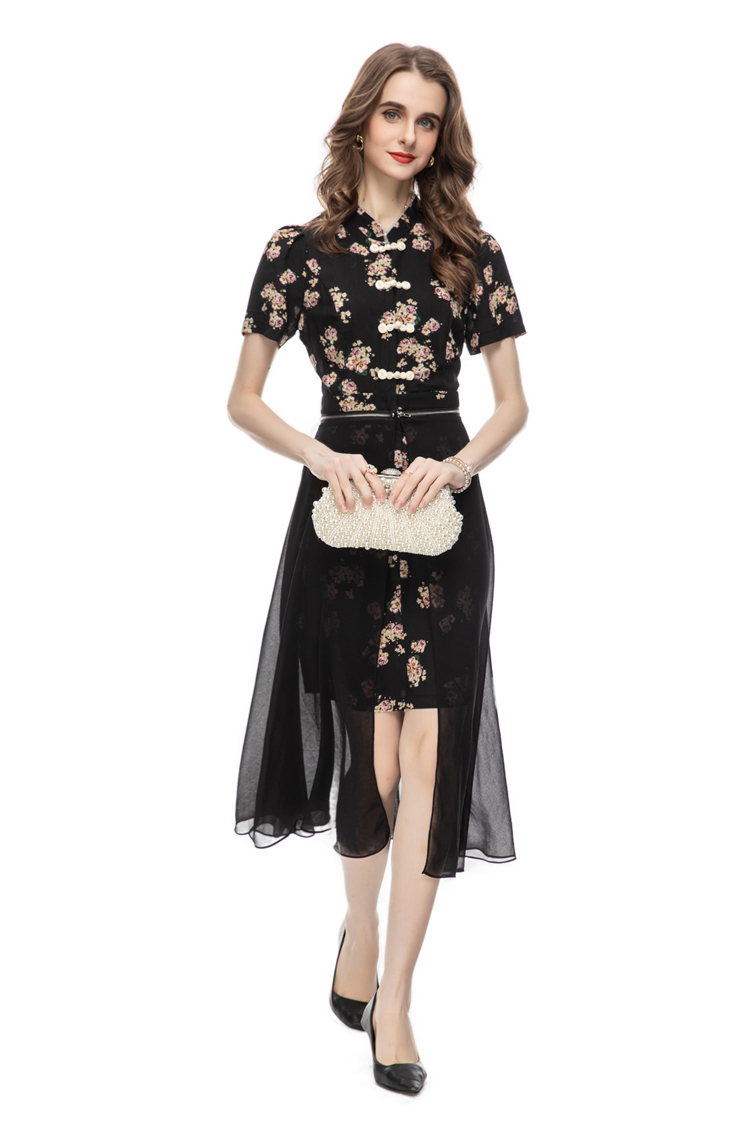 Women's Runway Designer Two Piece Dress Mandrin Collar Short Sleeves Printed Pencil Dresses with Skirt Twinset Sets