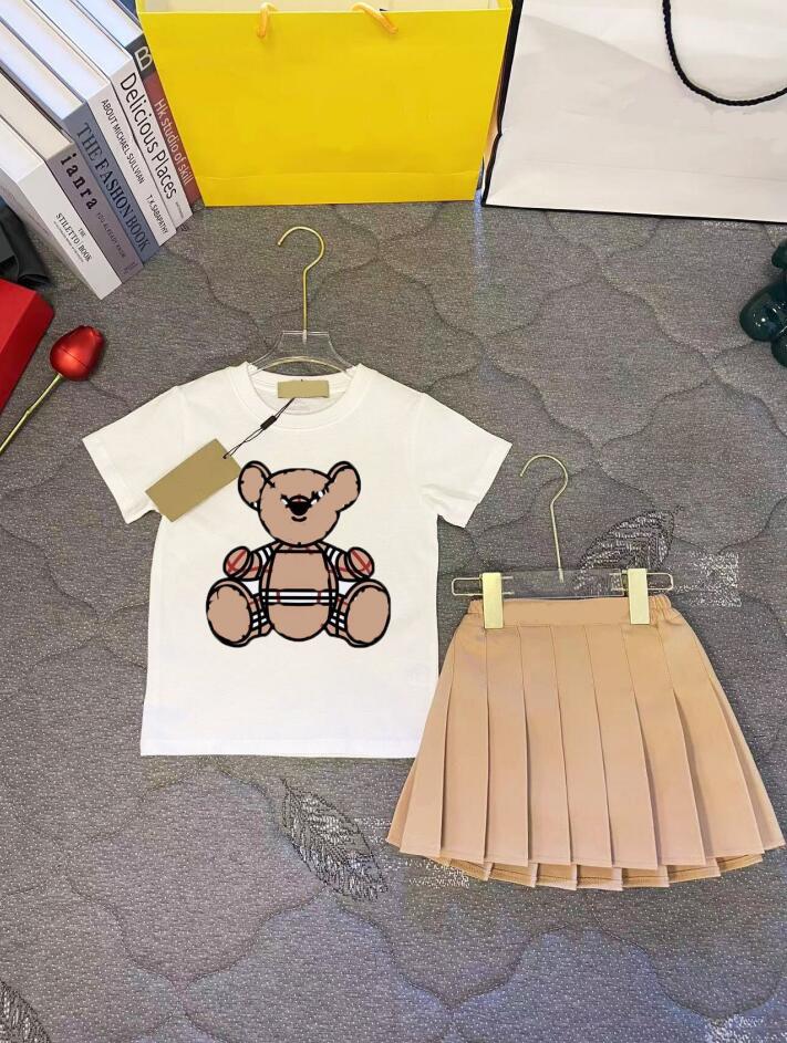 High Quality Baby Girls Brand Clothing Sets Cartoon Bear Summer Kids Short Sleeve T-shirts+Skirts Set Children Suit Letters Printed Child Outfits