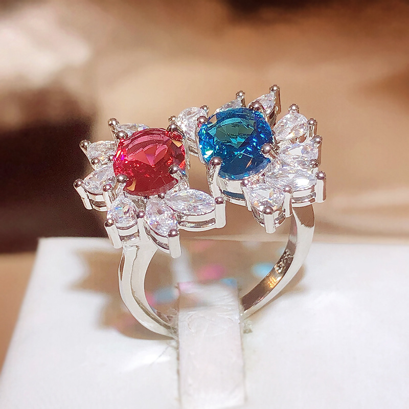 Vriendin sieraden trouwring vrouwen zoet rood blauw kristal zirkoon diamant witgouden ring partij verjaardagscadeau verstelbaar