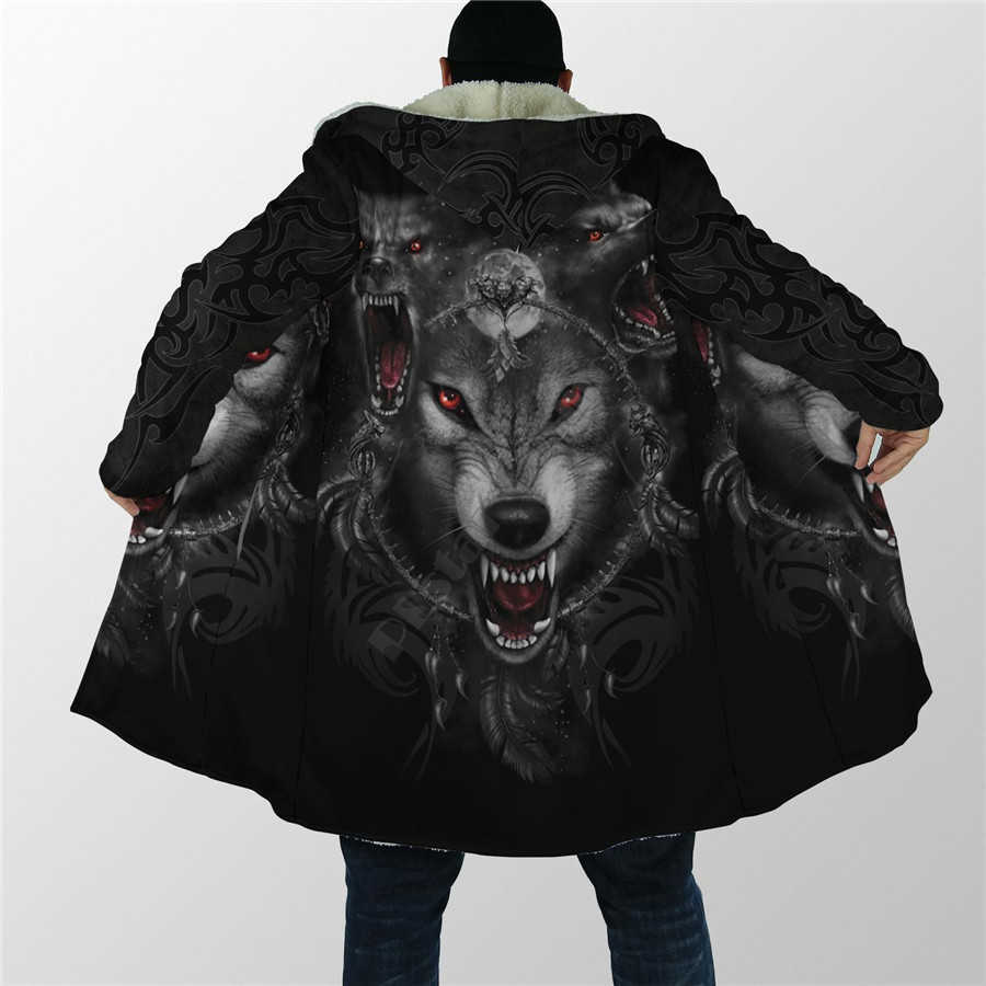 Heren Wol Blends Winter Heren Voor Dames Hooded Mantel Black Wolf Nightmare 3D All Over Prined Fleece windbreker Warme capuchon mantel HKD230718