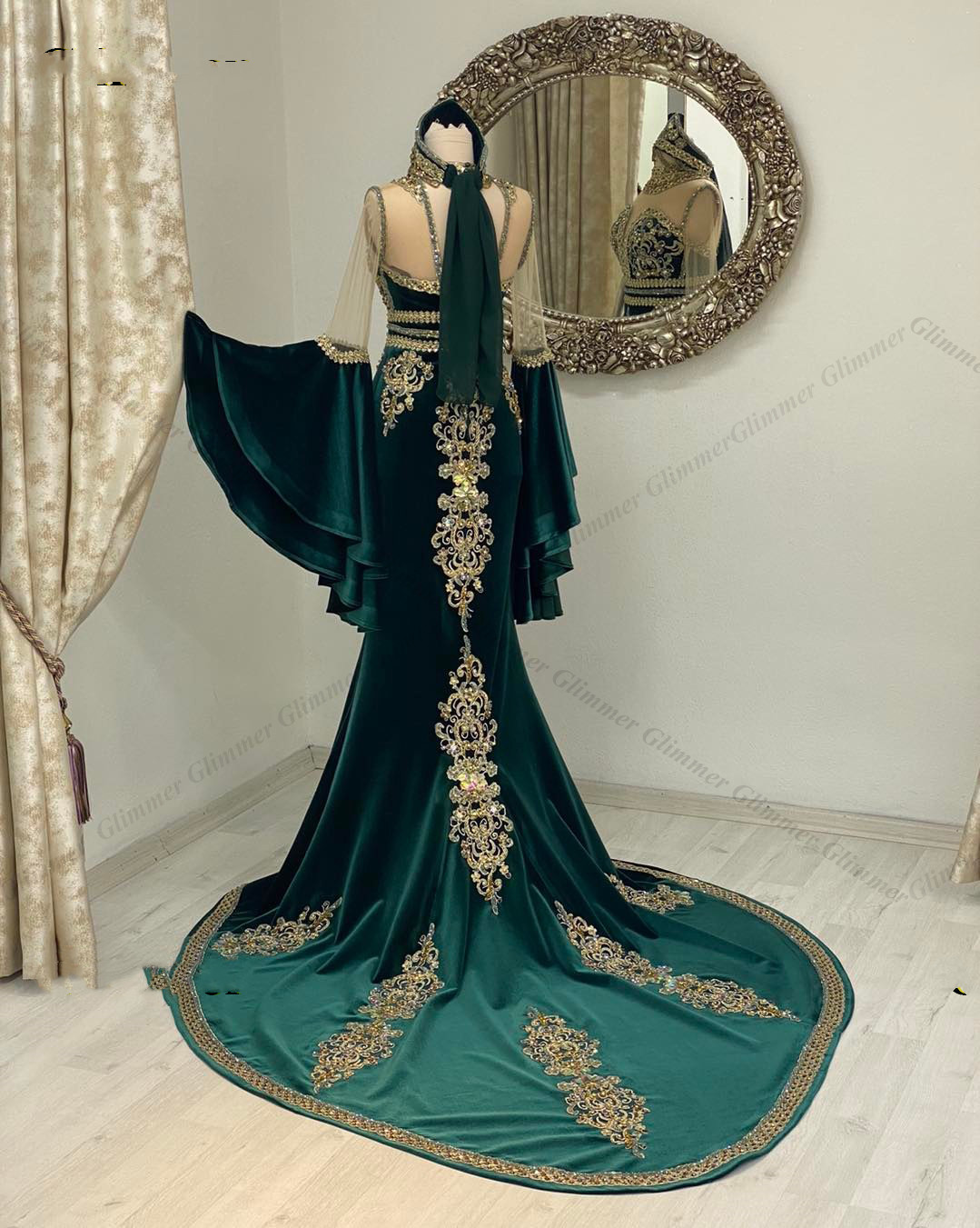 Klassisk 2023 Hunter Green Velvet Evening Dress Sequin Crystal Formal Prom Party Gowns Abendkleider Vestidos de Gala for Women