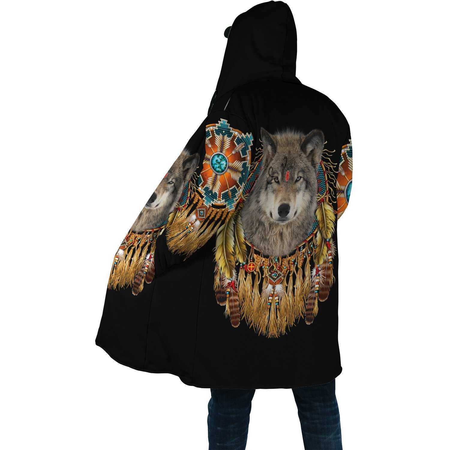 Herr ull blandningar 2021 vinter mens kappa vacker tribal infödd varg 3d full tryck tjock fleece huva kappa unisex casual varm cape coat dp15 hkd230718