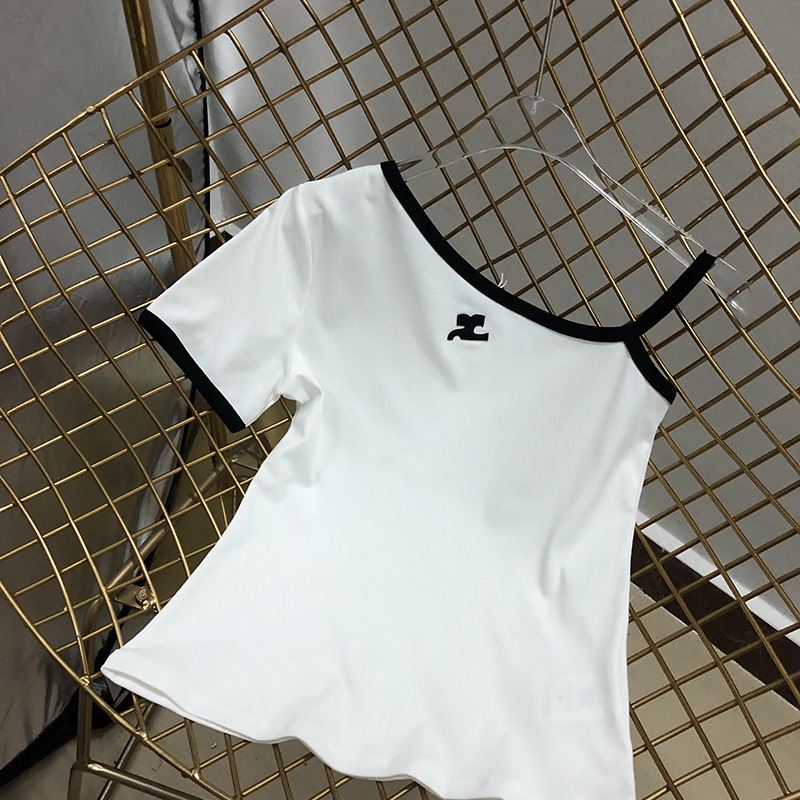 Camiseta de verano para mujer, camiseta de diseñador de manga corta, logotipo bordado de color en contraste, camiseta corta sin mangas de verano