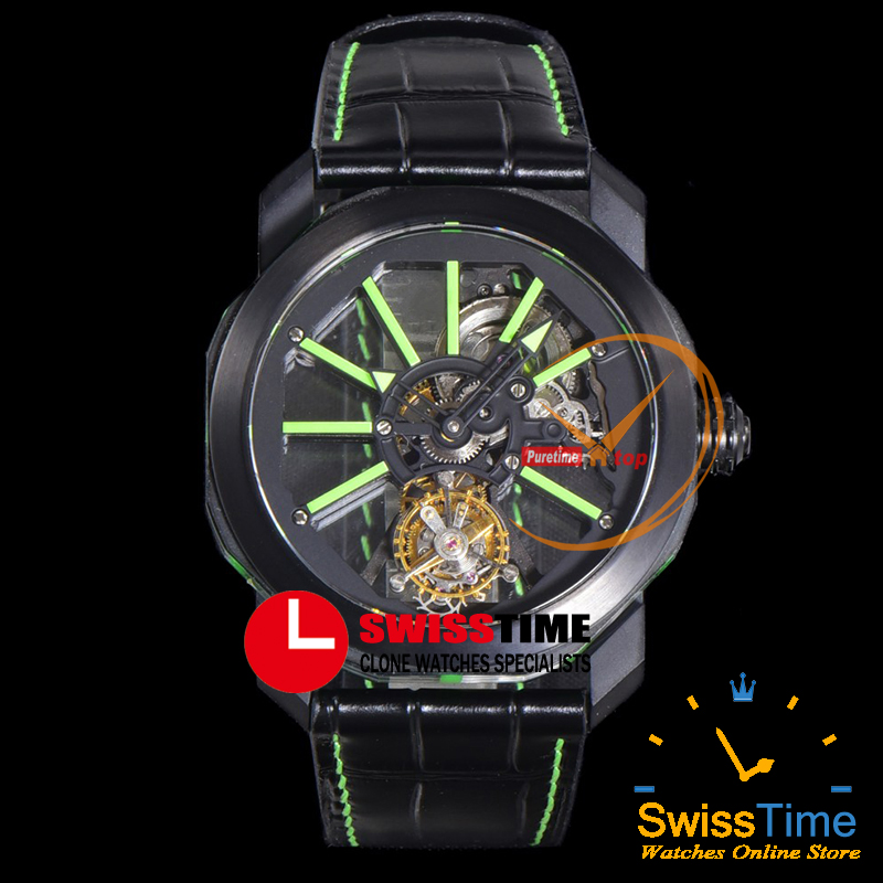 AXF Octo 102720 Handaufzug BVL206 Mechanische Tourbillon-Herrenuhr, Saphir-PVD, komplett schwarz, grünes Skelett-Zifferblatt, Lederarmband, Uhren, Super Editon Swisstime C3