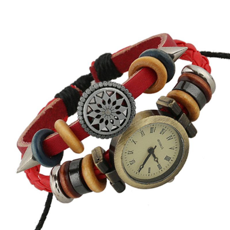 Ethnique Tribal Vintage en cuir véritable montre à Quartz à la main multi-couche Bracelet Bracelet montres pour femmes Couple réglable