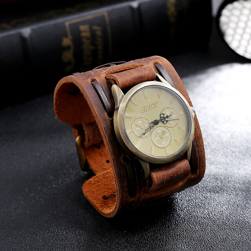 세련된 레트로 넓은 진짜 가죽 스트랩 시계 남자 펑크 쿼츠 커프 시계 손목 시계 팔찌 남자 여자 선물