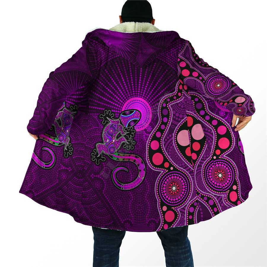 Męskie mieszanki wełny zimowi mężczyźni dla kobiet płaszcz z kapturem Aborygen naidoc Tydzień Purple Turtle Lizard Sun 3d Prowadź Perlee Wind Breaker Warm Hood Cloak HKD230718