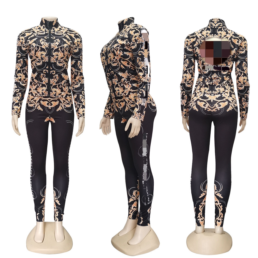 Vintage Print Two Piece Set Tracksuits Women Outfits Casual Zipper Jacket and Trousers Set gratis fartyg