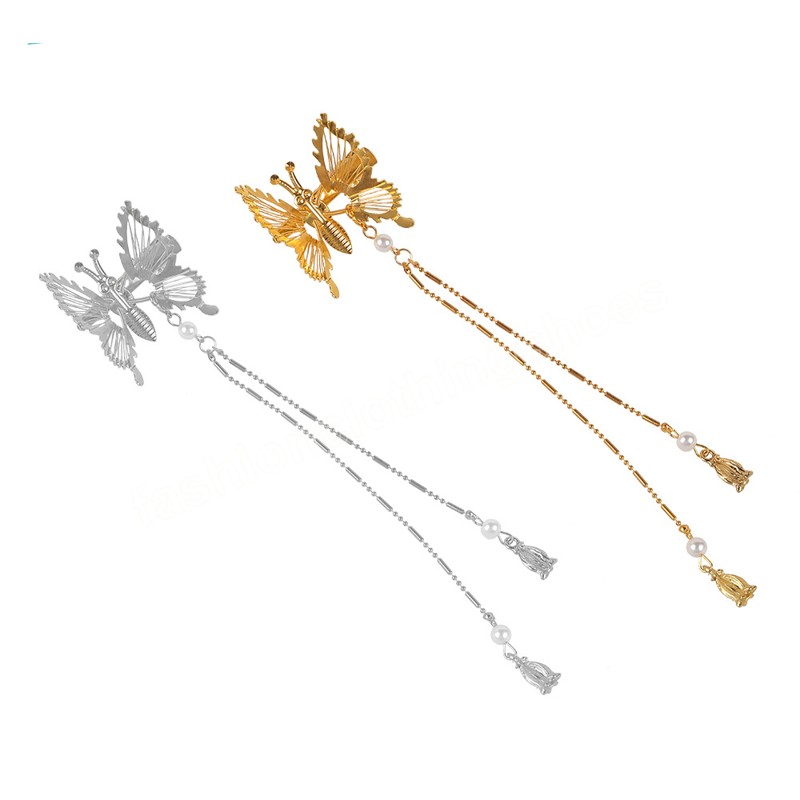 Gold Silver Butterfly Tassel Hairpin Elegant Female Futterfly Side Clip Fjäril