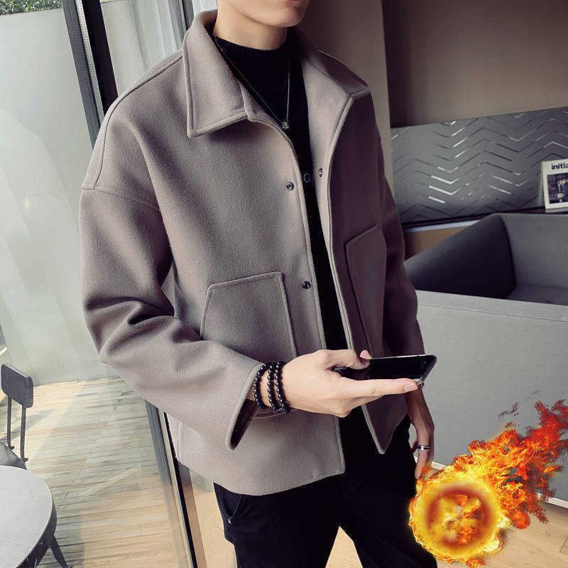 Men's Wool Blends Autumn Winter Large Size Windbreaker Trench Men's Woolen Jacket Handsome Student Short Solid Color Lapel Single Breasted HKD230718