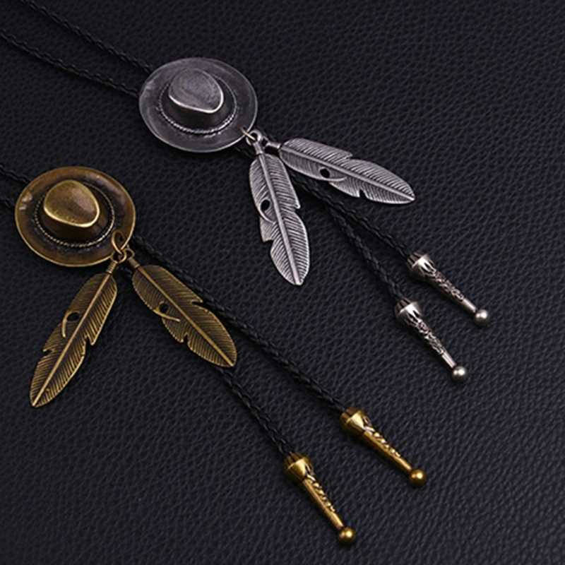 Bolo Ties Metal Hat Bolo Tie Feather Cowboy Hat Necktie for Shirt Jeans Western Necklace Braided Shoestring Necktie drop shipping HKD230719