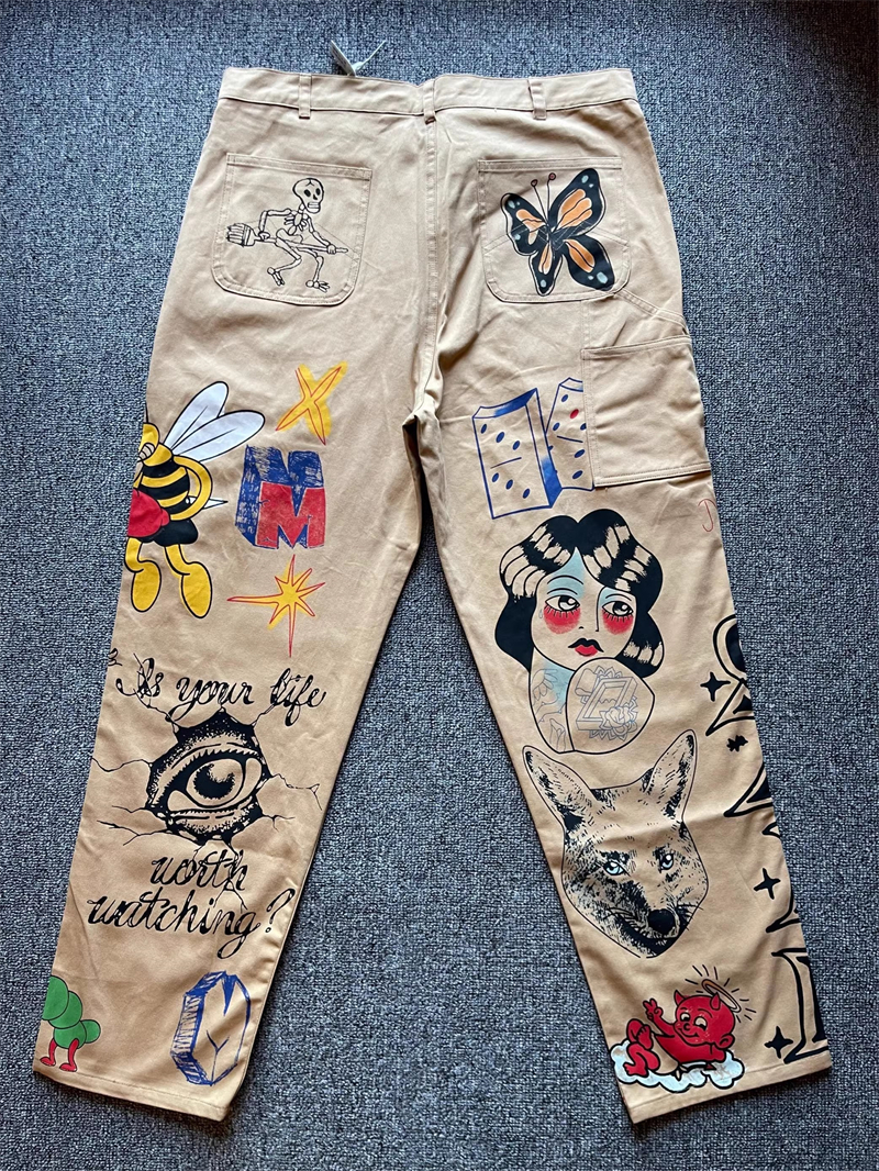 Vintage Cartoon Print Graffiti Cargo Pants Men Women 1 Quality Trousers 23ss