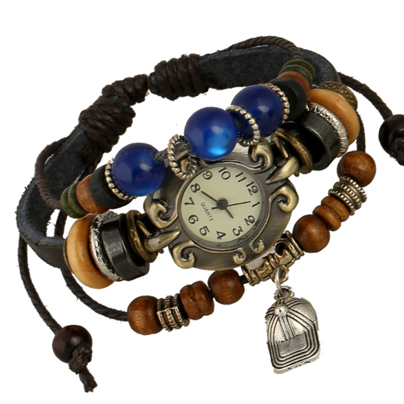 Ethnique Tribal Vintage en cuir véritable montre à Quartz à la main multi-couche Bracelet Bracelet montres pour femmes Couple réglable