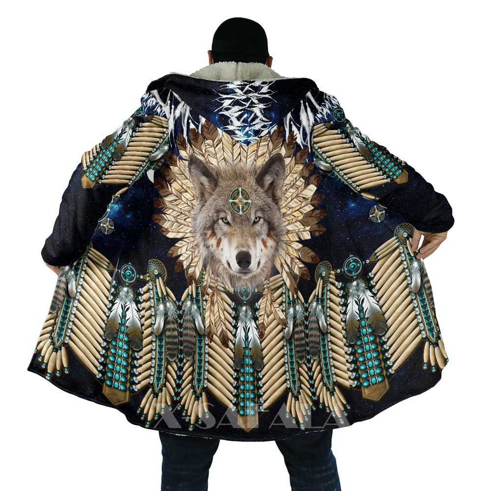 Hommes Laine Mélanges Native Wolf Animal Plume Pardessus Manteau 3D Imprimé Épais Chaud À Capuche Cape pour Hommes Coupe-Vent Polaire Unisexe Casual-5 HKD230718