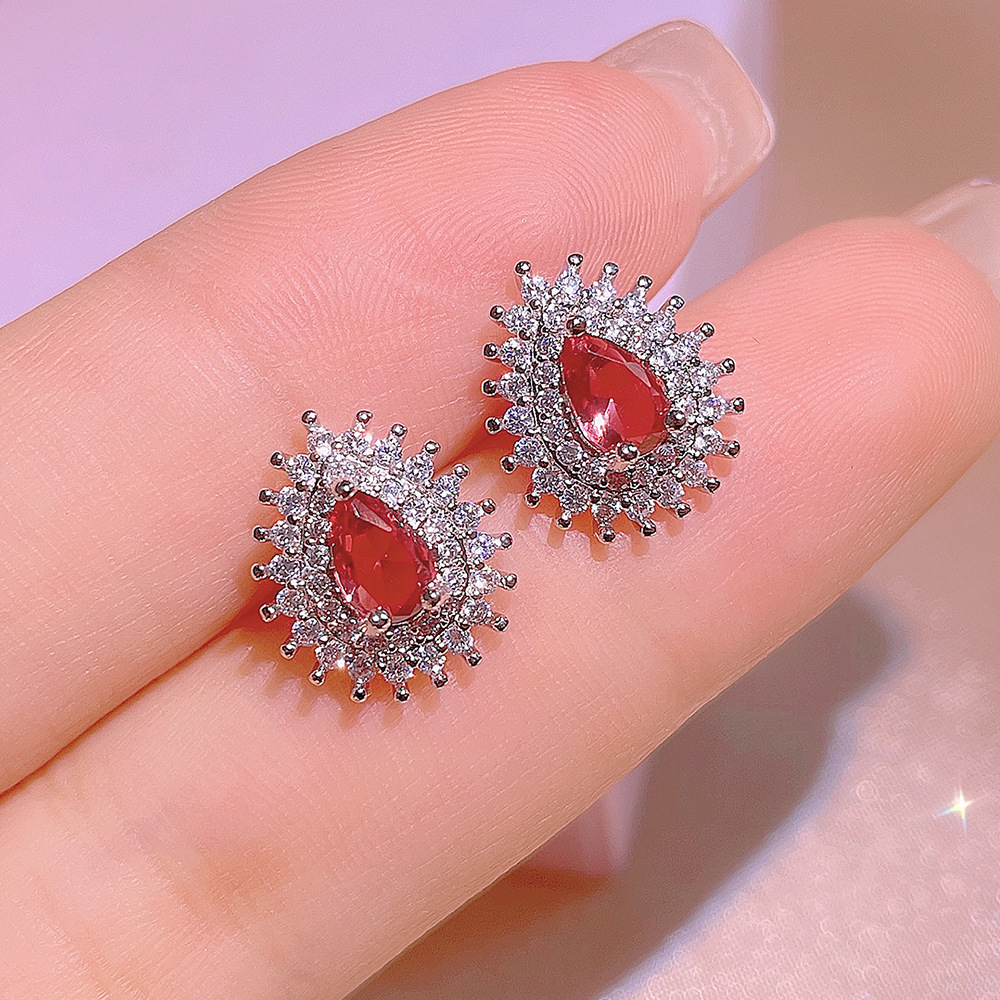 Girlfriend wedding jewelry set gift red crystal zircon diamond water drop white gold ring bride sweet necklace earrings party gift