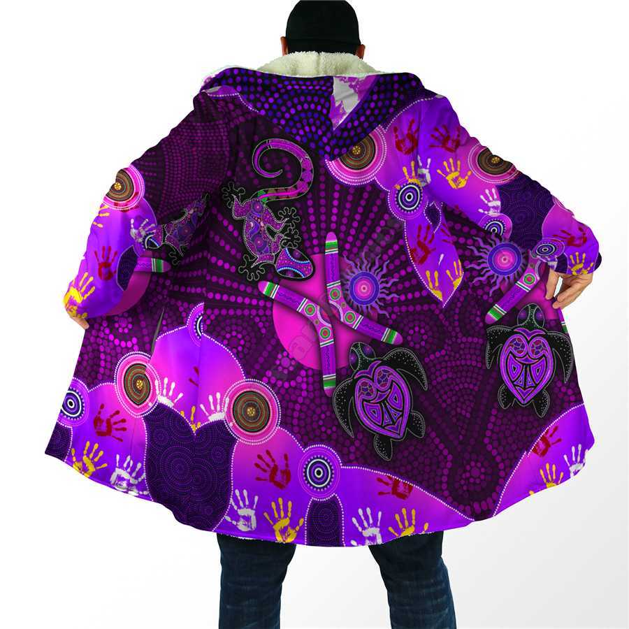 Męskie mieszanki wełny zimowi mężczyźni dla kobiet płaszcz z kapturem Aborygen naidoc Tydzień Purple Turtle Lizard Sun 3d Prowadź Perlee Wind Breaker Warm Hood Cloak HKD230718