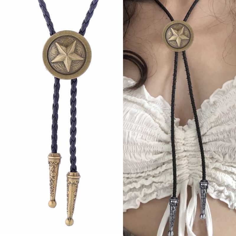 Bolo Ties N58F Bolo Tie Handmade Pentagrams Shape Western Cowboy Bola Tie Necktie Leathers Necklace Long Tie Pendant HKD230719