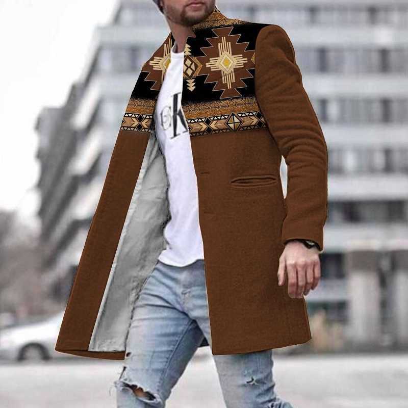 Męskie mieszanki wełny męskie wełniana płaszcz kurtka moda w paski geometryczny nadruk młody męskie ubrania jesienne zimowe pojedyncze kieszonkowe płaszcz kieszonkowy HKD230718