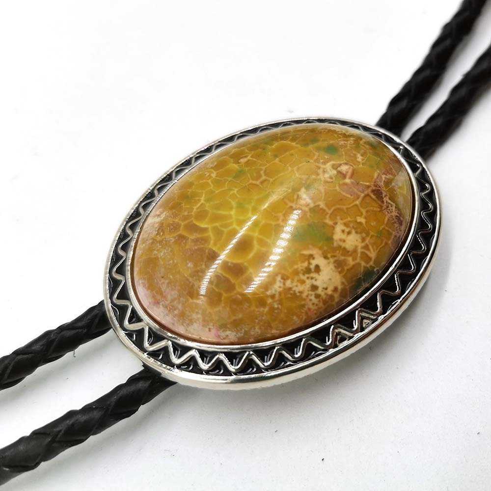 Bolo Ties Oval Agate Natural Stone Bolo Tie Men's New High-End Wedding Accessories Leather Rope HKD230719