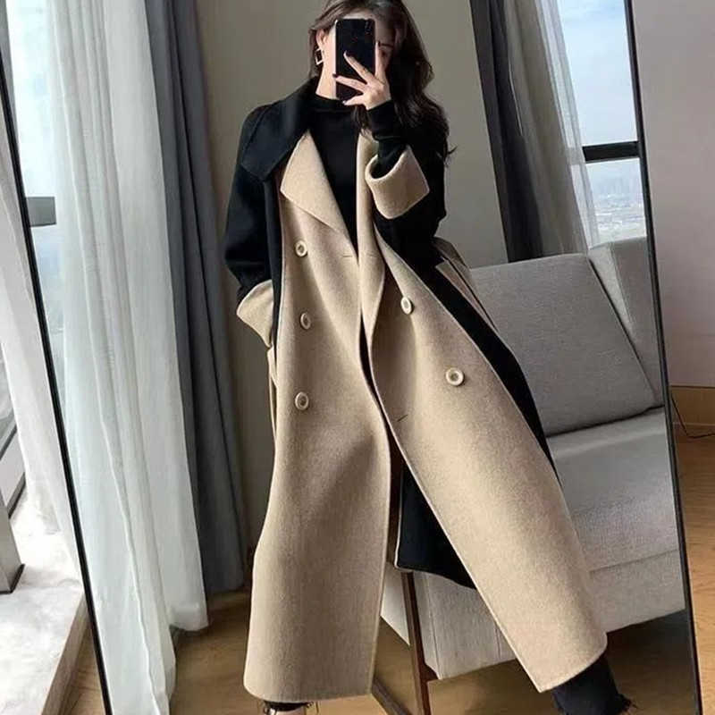 Men's Wool Blends Autumn Winter Lady Fashion Long Wool Blends Overcoat Korean Women Casual Loose Double Button Patchwork Outerwear with Waist Belt HKD230718