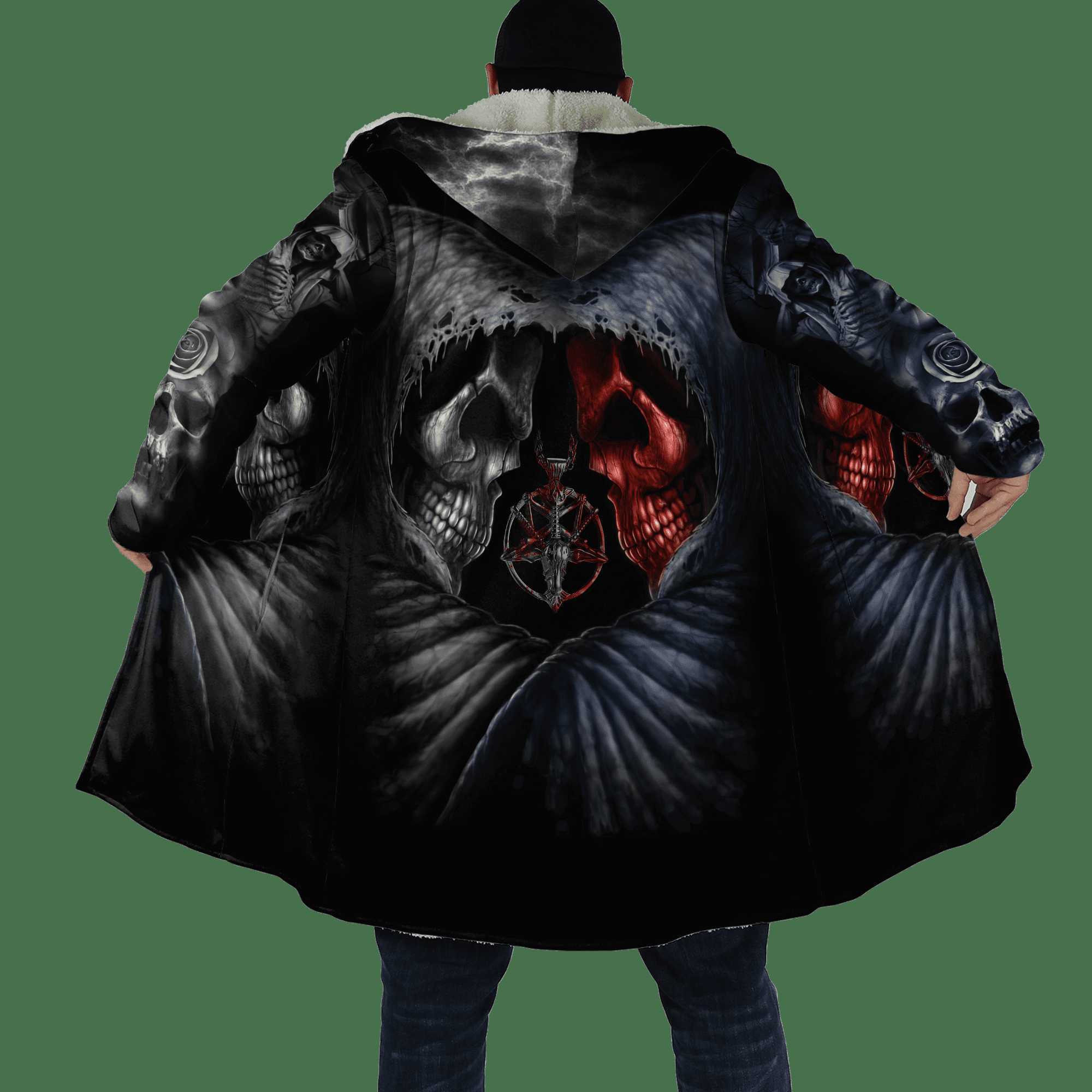 Men's Wool Blends 2021 Winter Mens Cloak Fire Reaper Skull Tattoo 3D full Printing Fleece Hooded Coat Unisex Casual Thick Warm Cape coat PF49 HKD230718