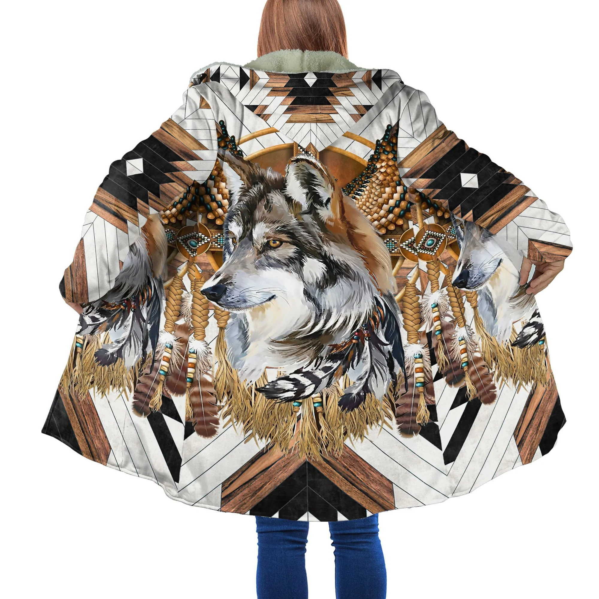 Hommes laine mélanges hiver mode hommes manteau aborigène indigène loup 3D impression épaisse polaire à capuche manteau unisexe décontracté chaud Cape manteau DP28 HKD230718