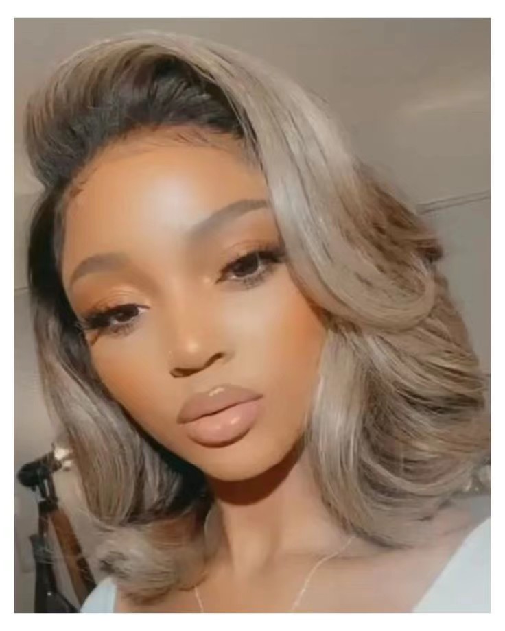 Anthony cuts short wavy bob ash blonde Lace Front Wigs wear and go glueless side part Lace Frontal Wigs Dark Roots Colored Wig Body Wave Human Hair Wig For Woman