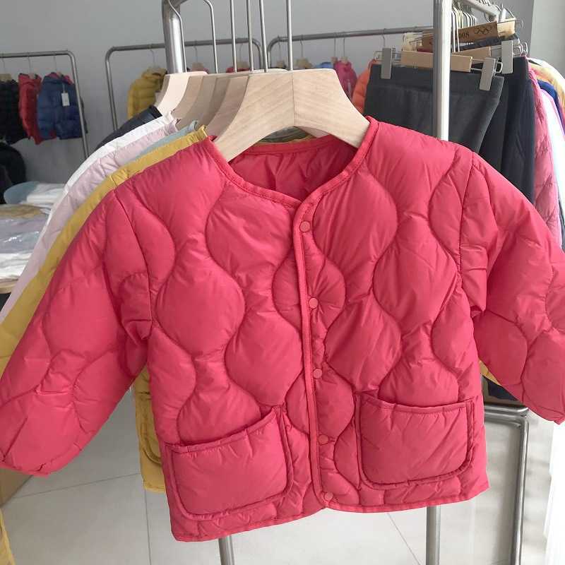 다운 코트 2022 뉴 가을 겨울 어린이 복제 재킷 울트라 가벼운 아이 오-넥 오리 다운 코트 유아용 버튼 쌍둥이 여자 아기 L230625