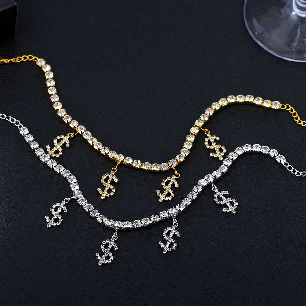 Bling Rhinestone Novelty Dollar Sign Pendant Anklet Women Gold Silver Color Crystal Tennis Chain Anklets Beach Barefoot Jewelry 230719