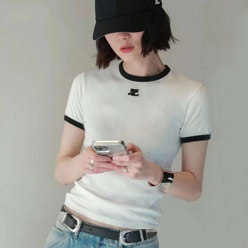 デザイナーTシャツ夏半袖女性Tシャツコントラストカラー刺繍ロゴスリムフィットトップティー
