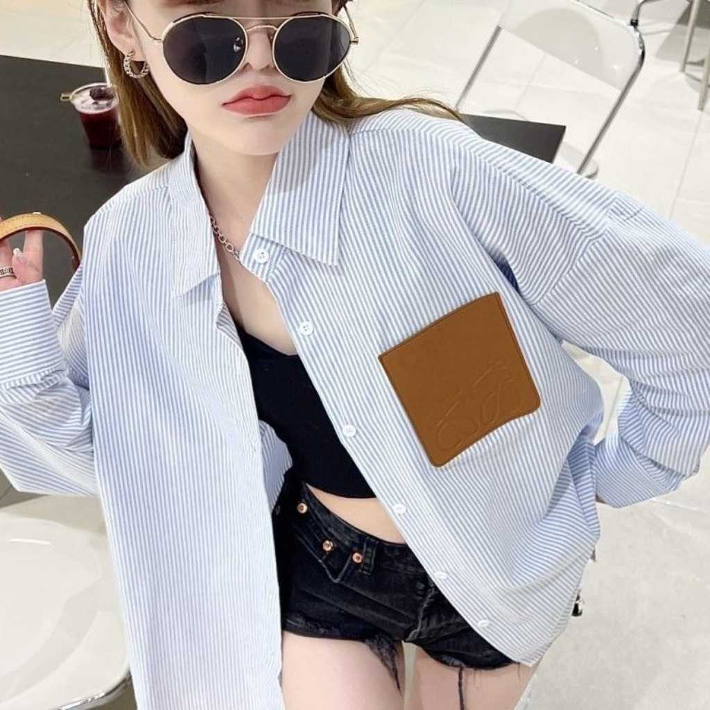 Spring and summer ladies lapel striped shirt coat, linen blend soft and comfortable, sky blue pinstripe color youth fashion, loose version of leisure.