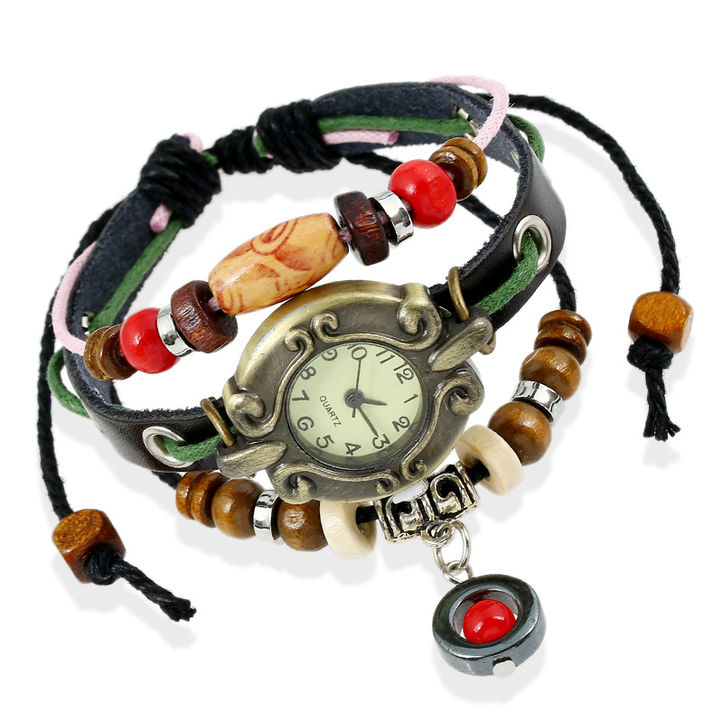 Ethnique Tribal Vintage en cuir véritable montre à Quartz à la main multi-couche Bracelet Bracelet montres pour femmes Couple réglable