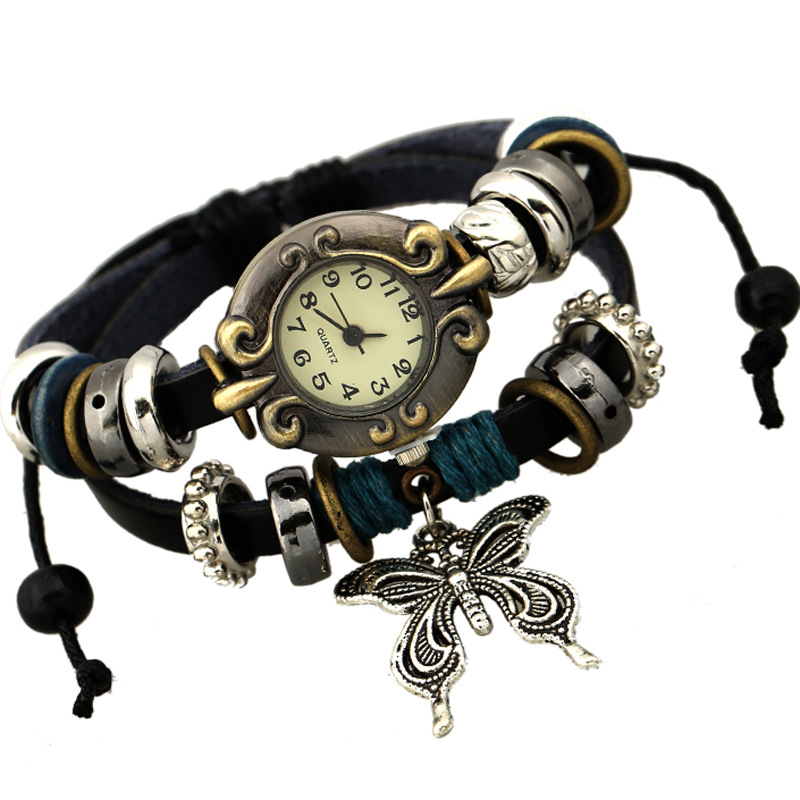 Ethnique Tribal Vintage en cuir véritable montre à Quartz à la main multi-couche Bracelet Bracelet montres pour femmes Couple réglable