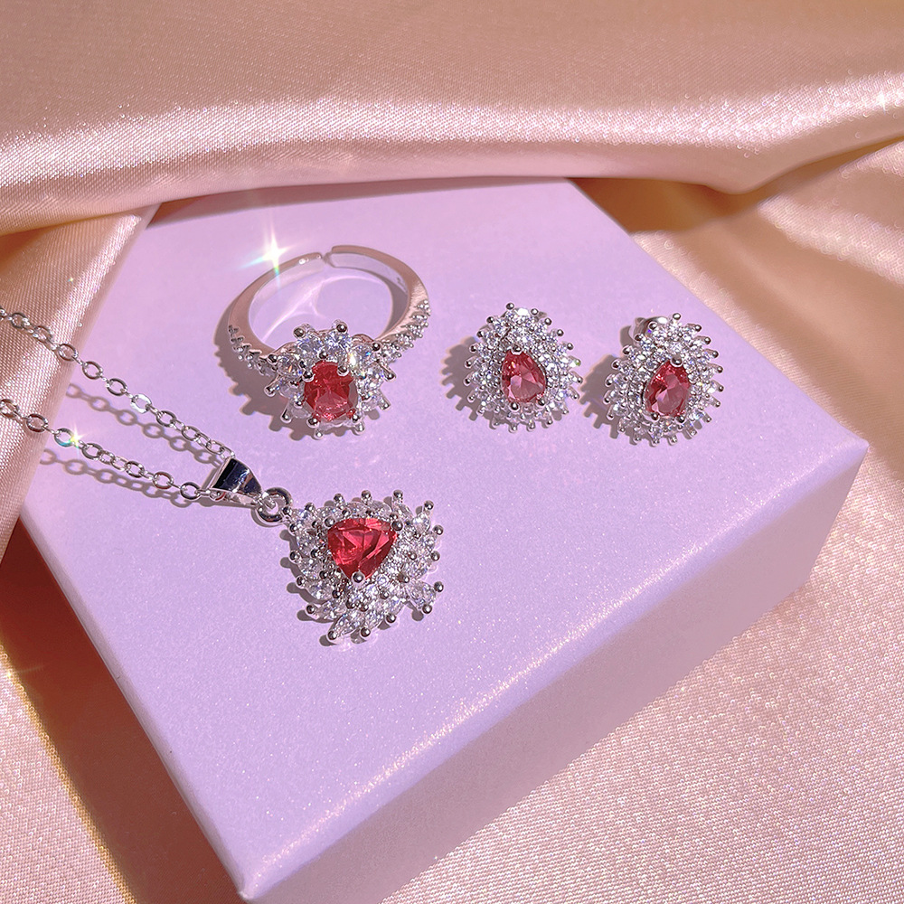 Girlfriend wedding jewelry set gift red crystal zircon diamond water drop white gold ring bride sweet necklace earrings party gift