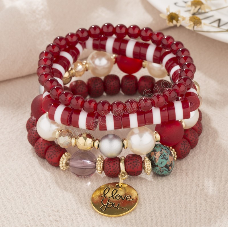 Multicouche Bohème Ethnique Perle Perles De Verre Bracelet Pour Femmes Filles Lettres Rondes Charme Élastique Corde Bracelet Bijoux