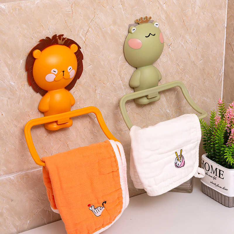 Wall-Mounted Cartoon Animals Towel Rack Bathroom Toilet Child Wall Hanging Towel Holder Lion Deer Soap Storage Tray Organizer L230704