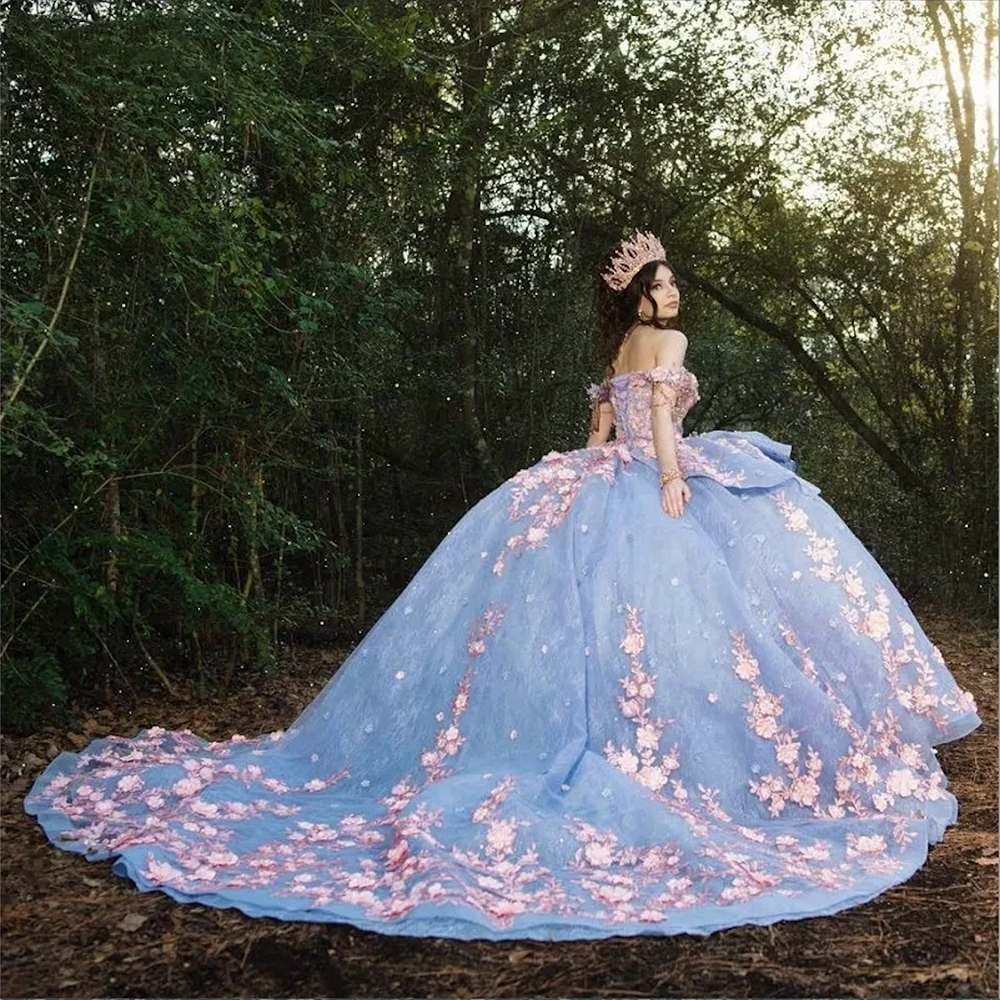 2023 Vestidos De Quinceanera De Renda Azul Céu Com Boné Floral Beading Charro Mexican Vestidos De 15 Anos Sweet 16 Pageant Dress