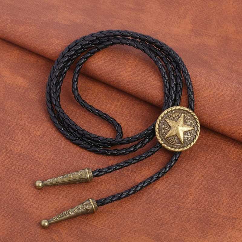 Bolo Ties American Bolo Tie Vintage Cowboy Western Metal Star Faux Leather Rope Necklace HKD230719