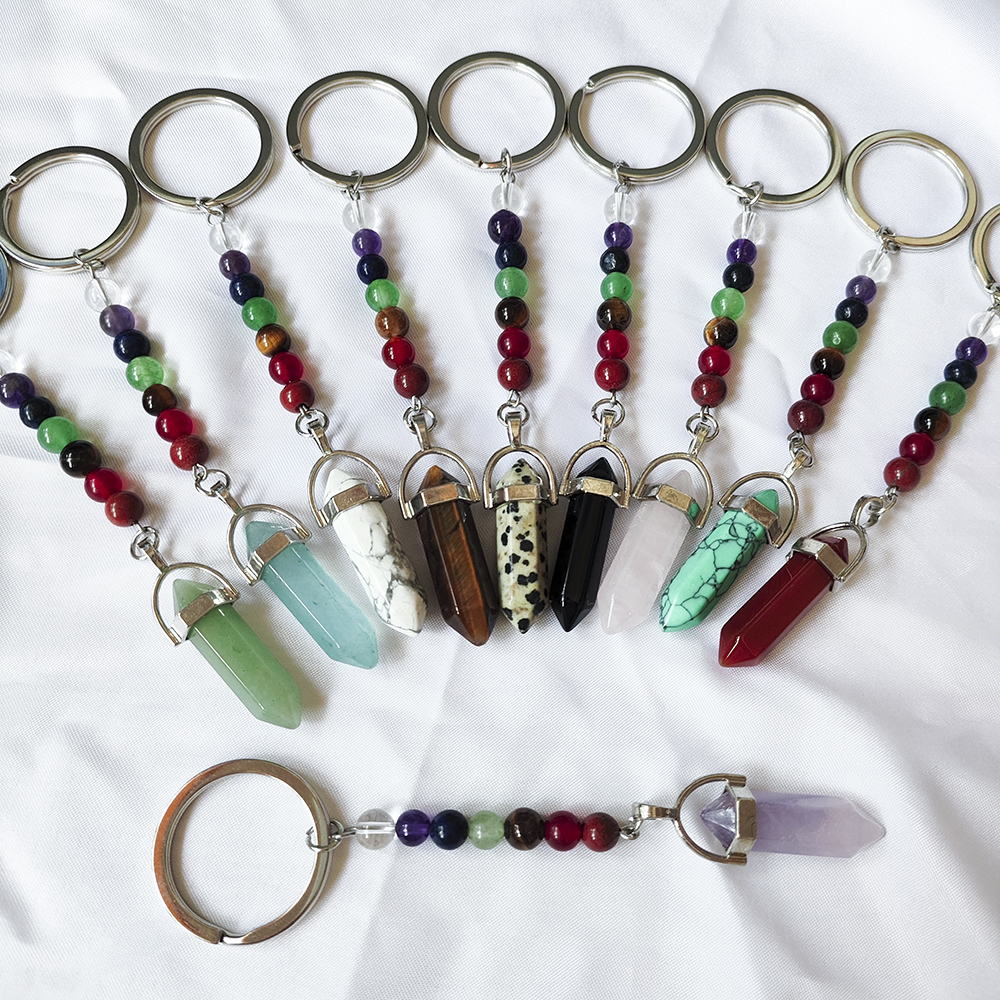 Natural Stone 7 Chakra Beads Hexagon Prism Key Rings Chains Keychains Healing Crystal Keyrings for Women Men