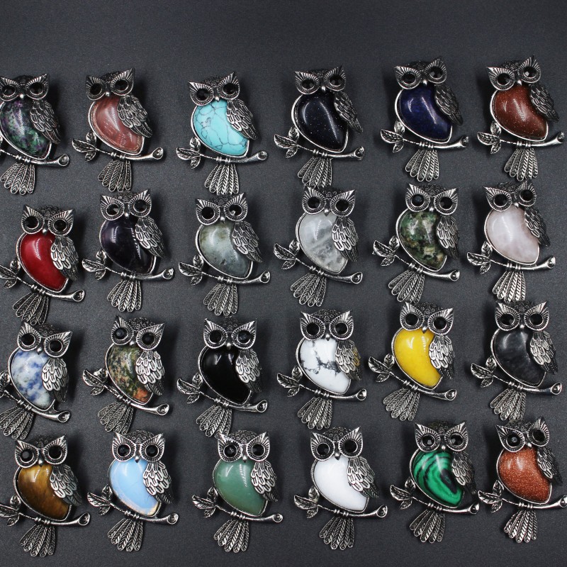 Natural Stone Made Old Owl Pendant Vintage Pendant Carving Crystal Agate Charms Halsband smycken tillverkning Tillbehör