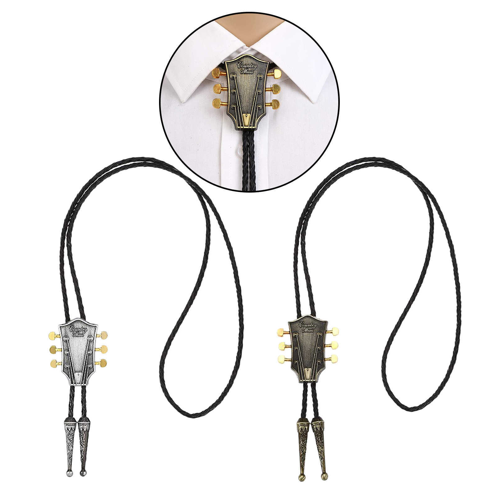 Bolo Ties Fashion Metal Guitar Head Bolo Tie uomo Collana pendente Wedding PU Leather Rope Cravatta Colletto camicia Papillon Western Cowboy HKD230719