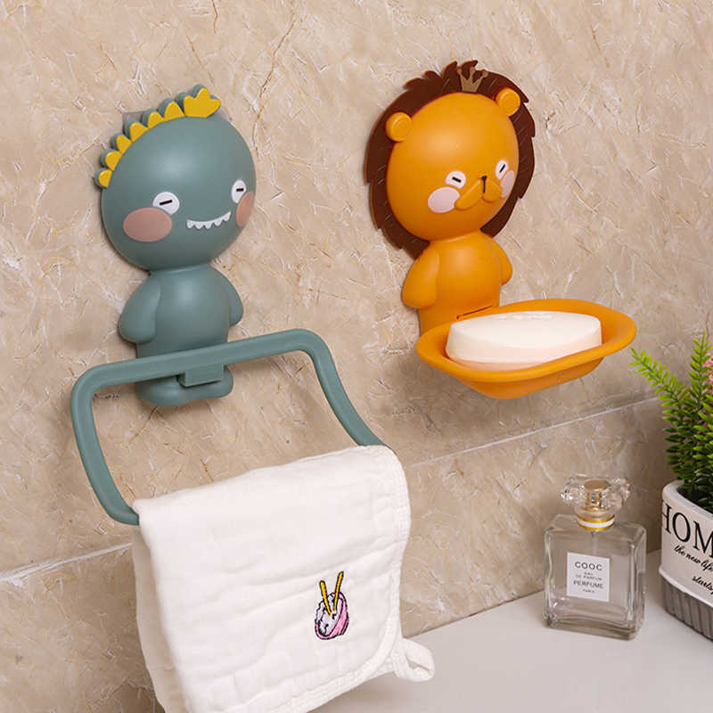 Wall-Mounted Cartoon Animals Towel Rack Bathroom Toilet Child Wall Hanging Towel Holder Lion Deer Soap Storage Tray Organizer L230704