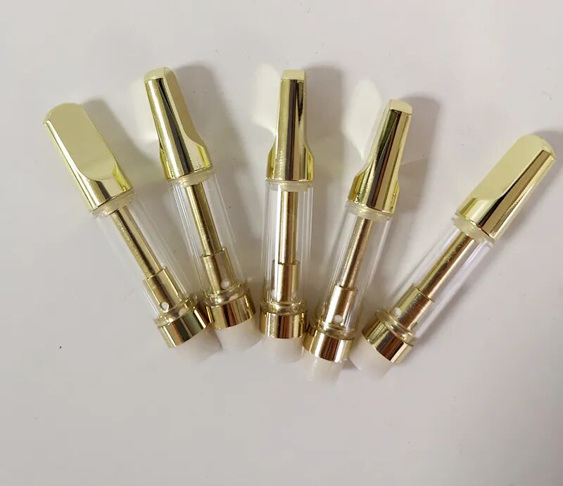 Goldkartusche 0,5 ml 0,8 ml 1,0 ml Keramikkartuschen 510-Gewinde-Zerstäuber 2,0 mm dicke Öllöcher Karren Leerer Stift TH205-Wagen Schaumstofftablett-Verpackung OEM