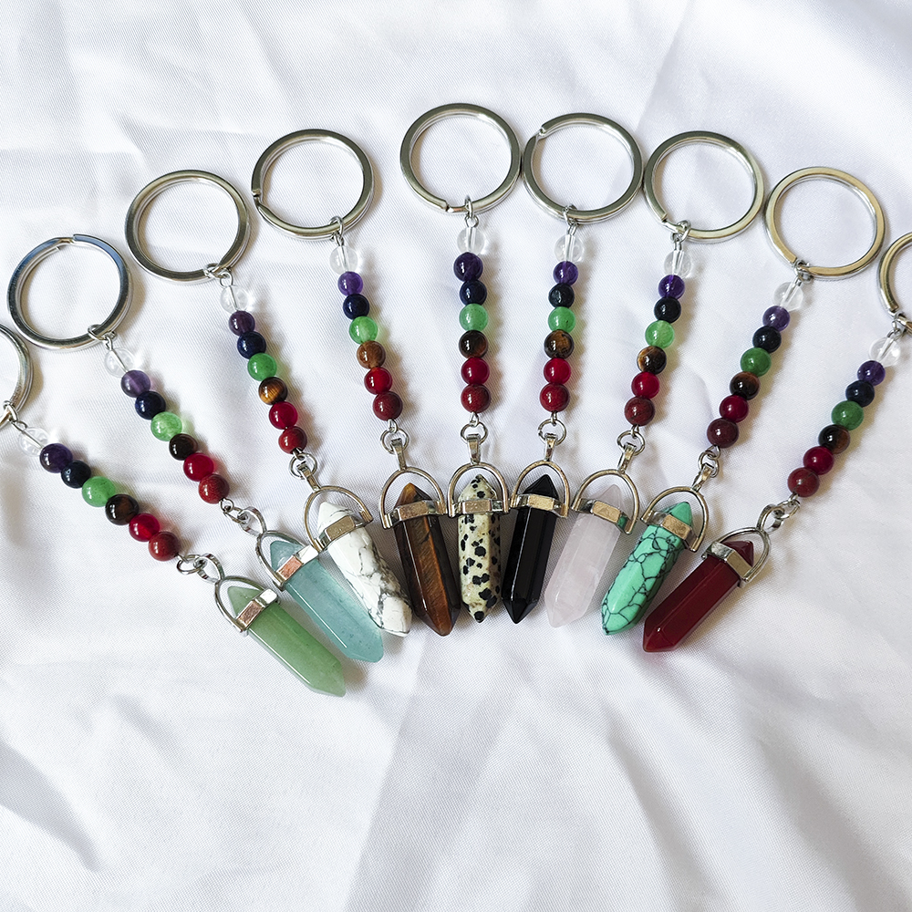 Natural Stone 7 Chakra Beads Hexagon Prism Key Rings Chains Keychains Healing Crystal Keyrings for Women Men