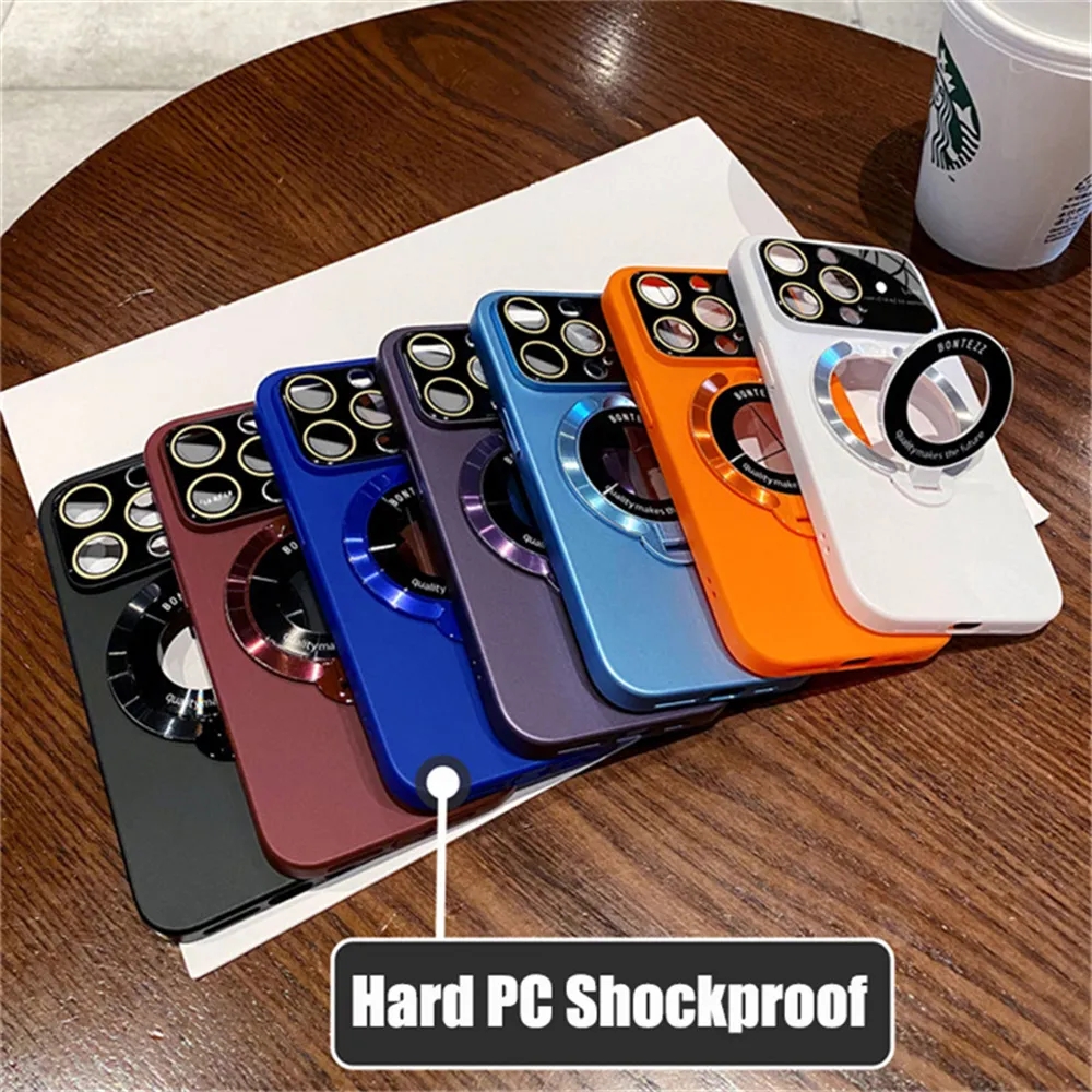 Luxury PC Bracket Case for iPhone 14 Pro 13 11 12 Pro Max 14Plus Camera Protector Logo Hole Mganet Stand Holder Cover